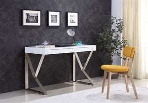 Sleek Two Drawer High Gloss White Lacquer Office Desk with Modern Stainless Legs
