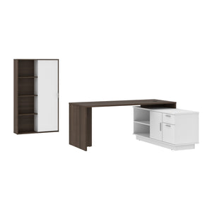 71" Modern L-Shaped Desk Set with Credenza & Cabinet in Antigua/White