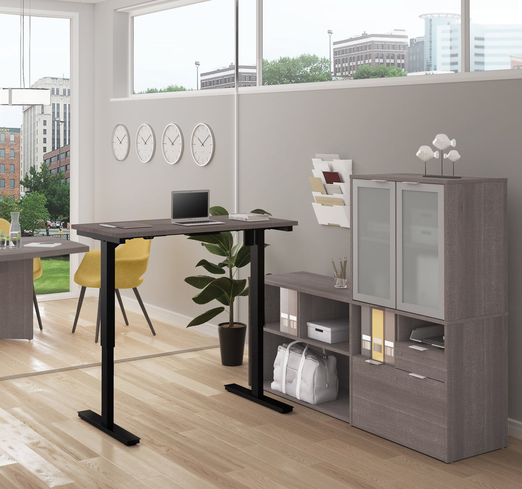 Standing Desk Set with Credenza and Hutch in Bark Gray and White