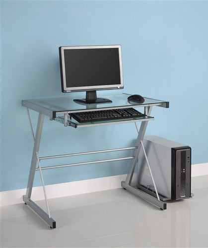 Silver Framed Glass Workstation with Slide Out Keyboard Tray