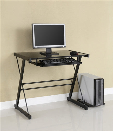 Compact Black Glass Modern Desk with Keyboard Tray