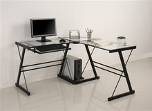 Load image into Gallery viewer, Modern Black &amp; Clear Glass L-shaped Desk with Keyboard Tray
