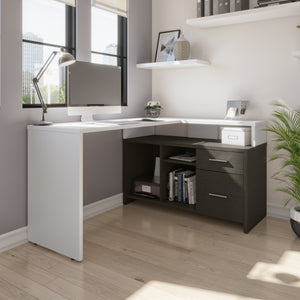 Unique White & Deep Gray 56" X 44" Corner Desk with Credenza