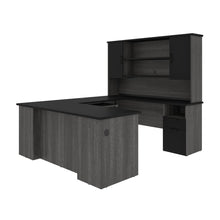 Load image into Gallery viewer, Modern U-shaped Desk with Hutch in Bark Gray &amp; Black
