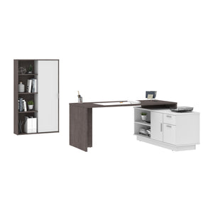 71" Modern L-Shaped Desk Set with Credenza & Cabinet in Bark Gray/White