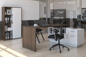 71" Modern L-Shaped Desk Set with Credenza & Cabinet in Antigua/White