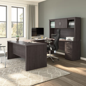 67" Charcoal Maple Executive U-Shaped Desk with Hutch & File