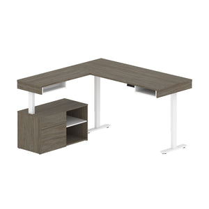 72" Walnut Gray and White Adjustable L-Desk with Credenza