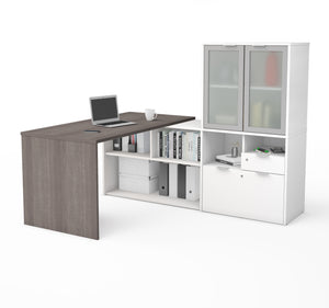 71" Bark Gray and White L-shaped Desk with Privacy Glass Hutch