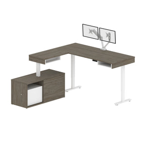 71" Dual Monitor Adjustable Desk with Credenza in Walnut Gray and White