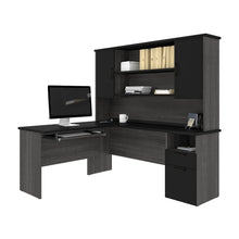 Load image into Gallery viewer, 71&quot; x 59&quot; L-shaped Desk with Hutch in Bark Gray &amp; Black
