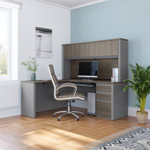 Modern Bark Gray & Slate 71" L-shaped Desk with Hutch