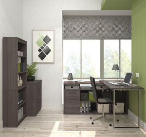 Three Part Set: L-Shaped Desk, Lateral File, & Bookcase in Bark Gray