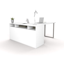 Load image into Gallery viewer, Integrated Modern White L-Shaped Desk with Gray Accent Leg
