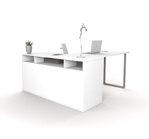 Integrated Modern White L-Shaped Desk with Gray Accent Leg