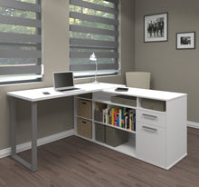 Load image into Gallery viewer, Integrated Modern White L-Shaped Desk with Gray Accent Leg
