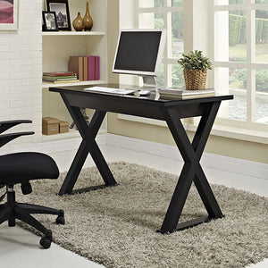 48" Modern Black Steel X-Frame Desk with Drawer & Glass Top