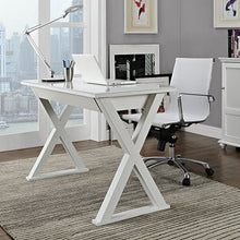 Load image into Gallery viewer, 48&quot; Modern White Steel X-Frame Desk with Drawer &amp; Glass Top
