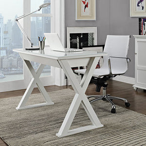 48" Modern White Steel X-Frame Desk with Drawer & Glass Top