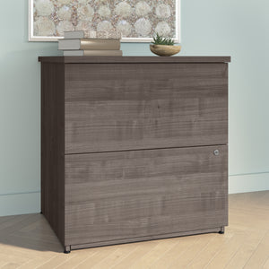 65" Gray Maple L-Desk with Built-in File Cabinet