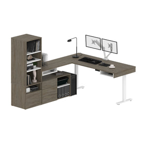 Pair of 88" Walnut Gray L-Desks with Twin Monitor Support