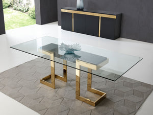 Modern 87" Glass Conference Table with Black Lacquer & Gold Stainless Base