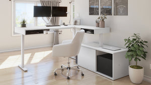 71" Adjustable Desk in White & Black with Dual Monitor Arms and Credenza