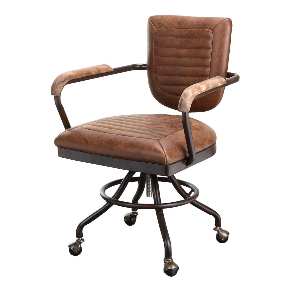 Wheeled Office Chair With Top Grain Leather Seat