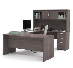 Modern Premium U-shaped Desk with Hutch in Bark Gray