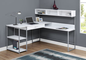 White & Silver Metal 59" L-Shaped Corner Desk