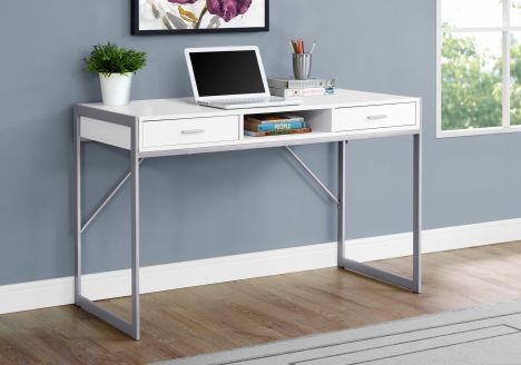 Compact White & Silver Desk w/ 2 Drawers