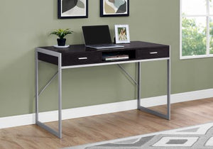 Compact Cappuccino & Silver Metal Computer Desk w/ 2 Drawers