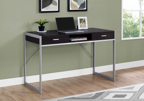 Compact Cappuccino & Silver Metal Computer Desk w/ 2 Drawers