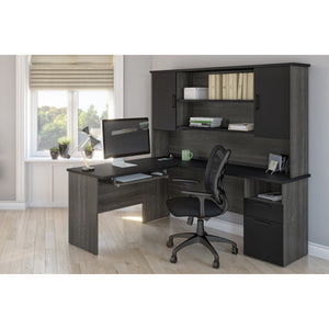 71" x 59" L-shaped Desk with Hutch in Bark Gray & Black