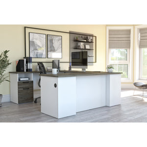 Modern U-shaped Desk in White & Walnut Gray