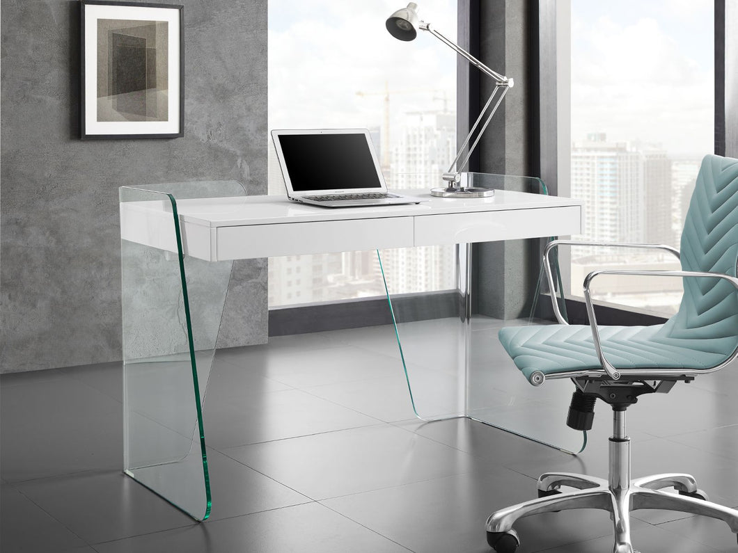 Office Desk with White Top & Inset Drawers with Glass Legs