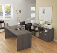 Load image into Gallery viewer, U-Shaped Bark Grey Office Desk and Credenza
