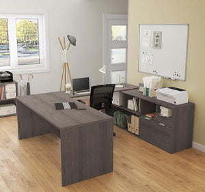 U-Shaped Bark Grey Office Desk and Credenza