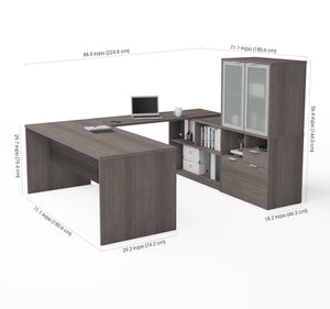 Bark Gray 71" x 88" U-Shaped Desk with Privacy Glass Hutch