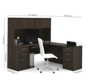L-Shaped Office Desk with Hutch and Double Pedestals in Dark Chocolate