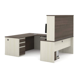 U-shaped Desk and Hutch in White Chocolate & Antigua