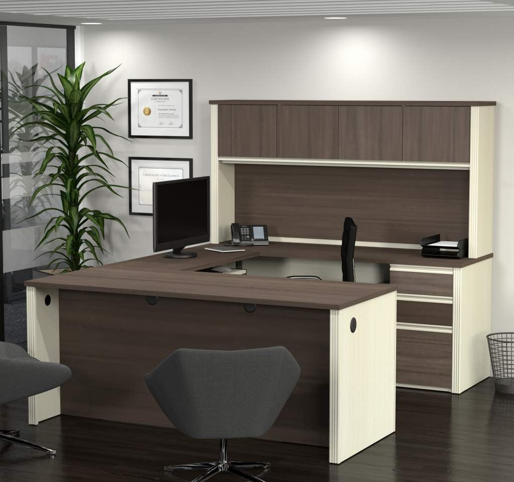 U-shaped Desk and Hutch in White Chocolate & Antigua