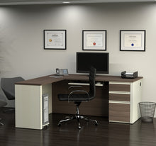 Load image into Gallery viewer, Modern L-shaped Office Desk in White Chocolate &amp; Antigua
