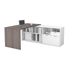 Load image into Gallery viewer, Elegant L-Shaped Bark Gray and White Office Desk with Storage
