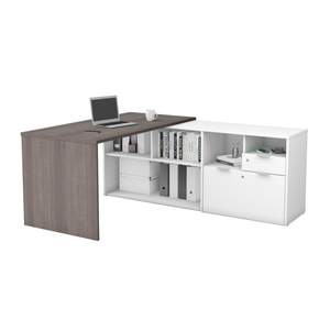 Elegant L-Shaped Bark Gray and White Office Desk with Storage