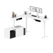 Load image into Gallery viewer, 71&quot; Adjustable Desk in White &amp; Black with Dual Monitor Arms and Credenza
