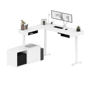 71" Adjustable Desk in White & Black with Dual Monitor Arms and Credenza