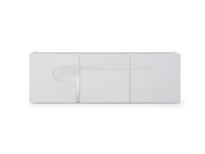 White Lacquer 89" Modern Storage Credenza with Unique Accents