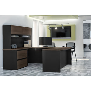 U-shaped Desk with Hutch and Oversized File Drawers in Antigua and Black