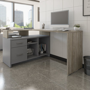 Unique Walnut Gray & Slate 56" X 44" Corner Desk with Credenza